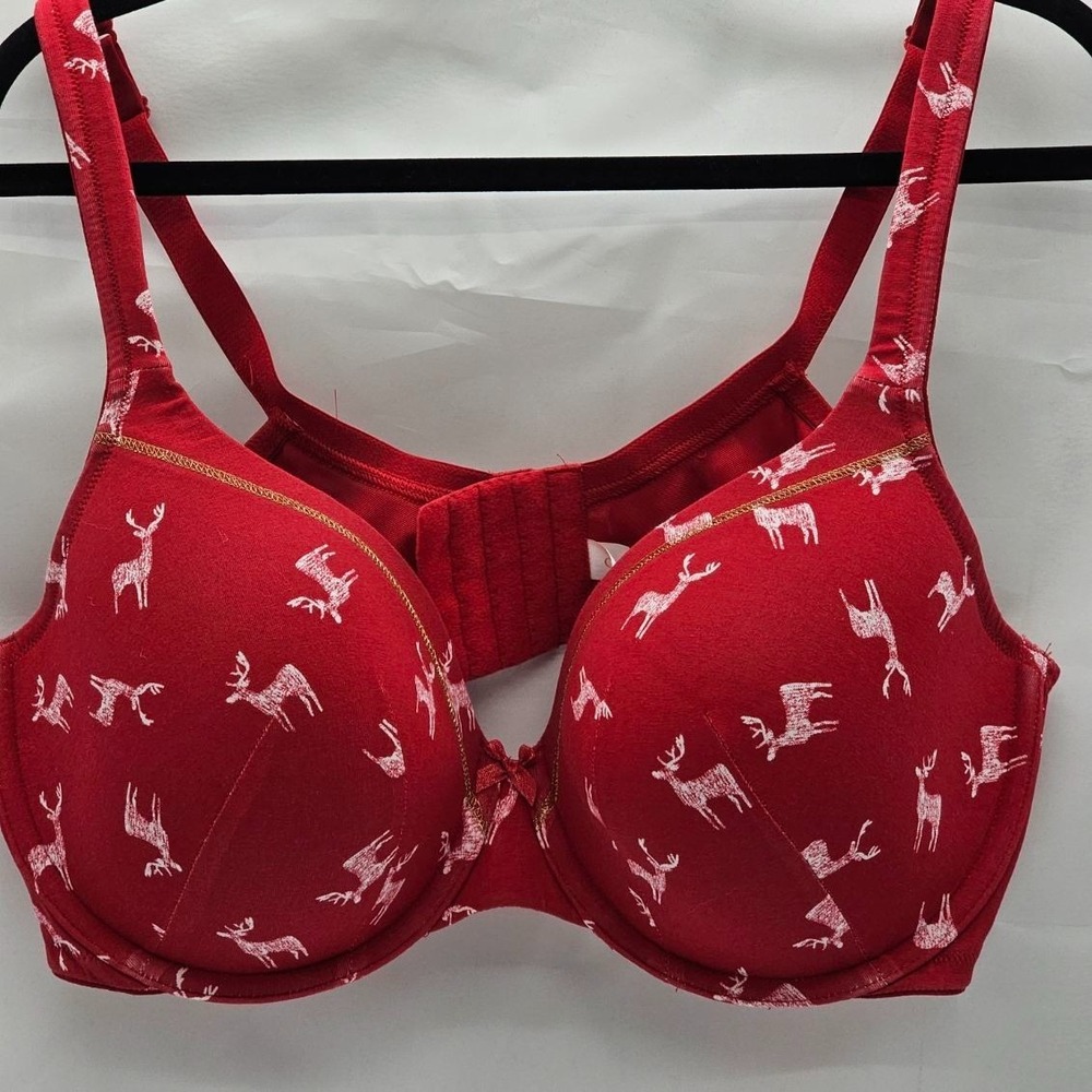 Cacique Red White Reindeer Gold Contrast Stitching Holiday Bra 42DD